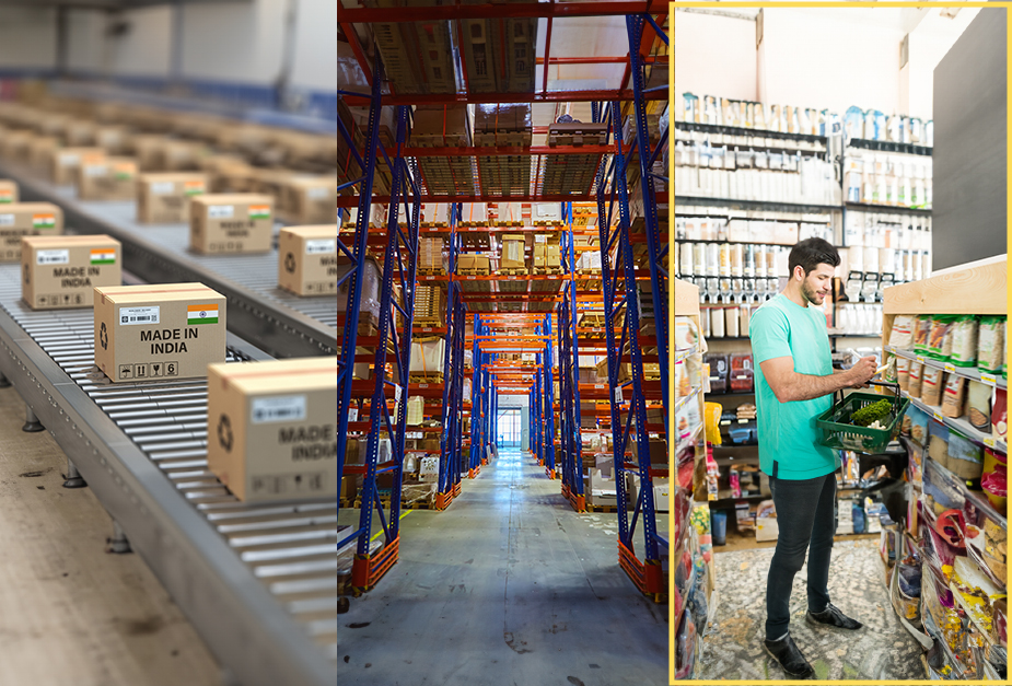 person is shopping, holding a basket, and looking at products on shelves